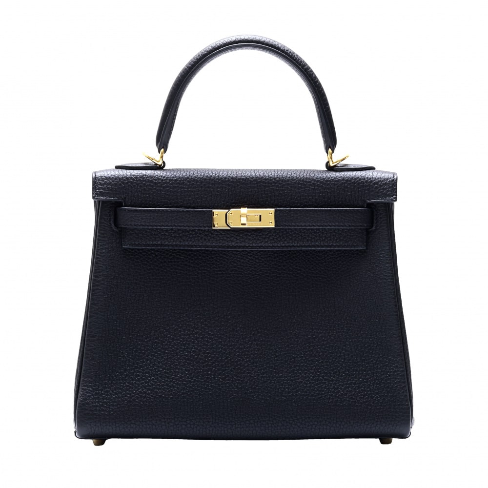 Hermes Kelly 25 Togo Black Yellow Gold Hardware B Stamp Unused Bag Women's