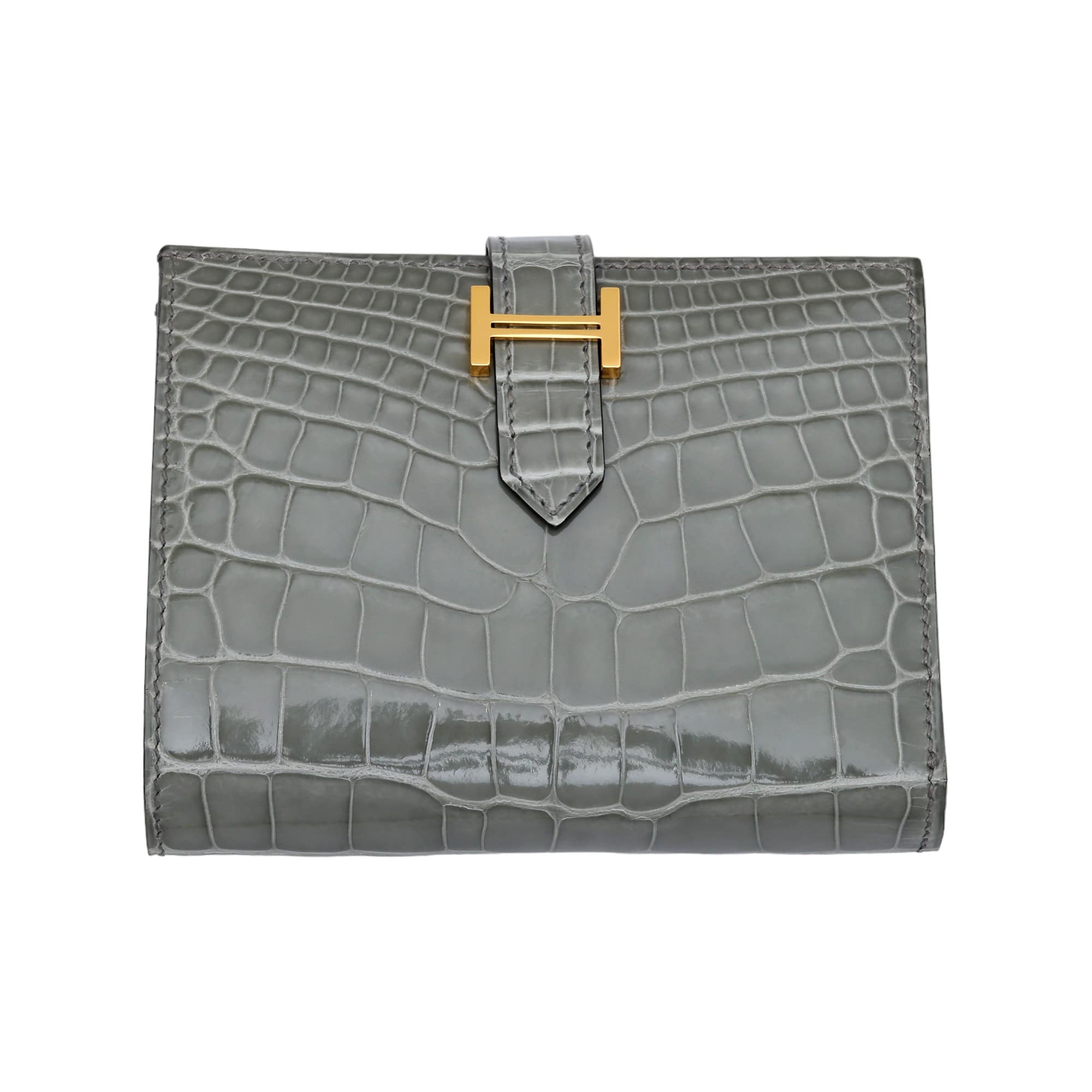 Hermes HERMES Bearn Compact Alligator Tourtiere Grey Yellow Gold Hardware B Stamp Unused Wallet Women's