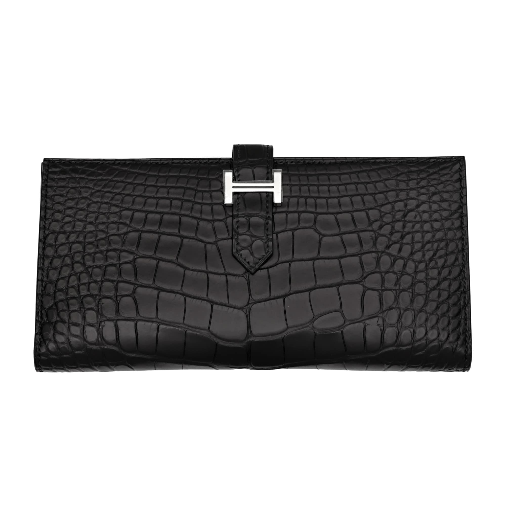 Hermes HERMES Bearn soufflet alligator matte black silver hardware B stamp unused wallet for women