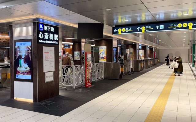 Subway Midosuji Line Shinsaibashi Station Exit the south ticket gate and exit from Exit 6.